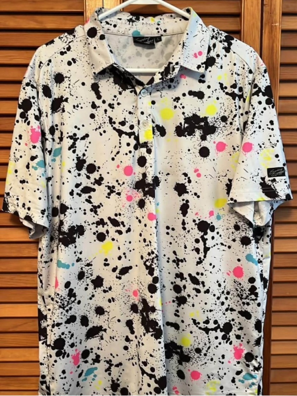 Men's White Paint-Splash Polo with Neon Accents